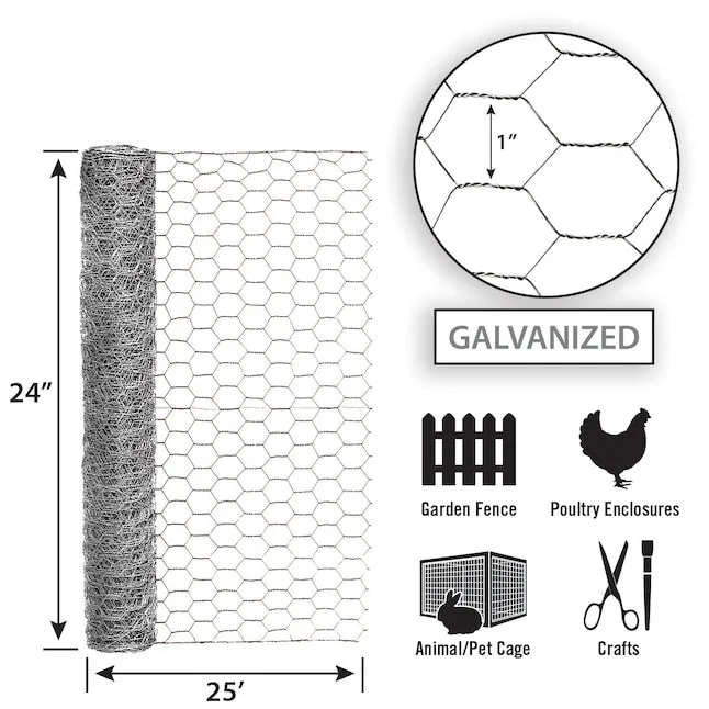 24in x 25ft Galvanized Chicken Wire with 1 in Openings