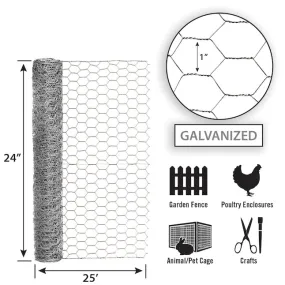 24in x 25ft Galvanized Chicken Wire with 1 in Openings