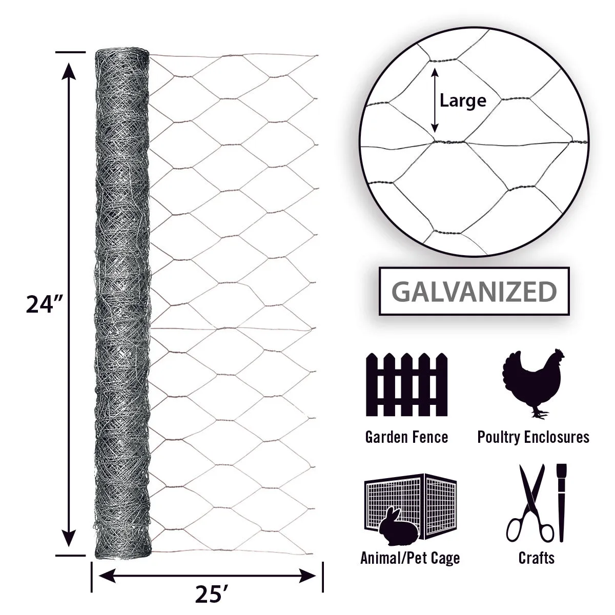 24in x 25ft Galvanized Chicken Wire with 2in Openings