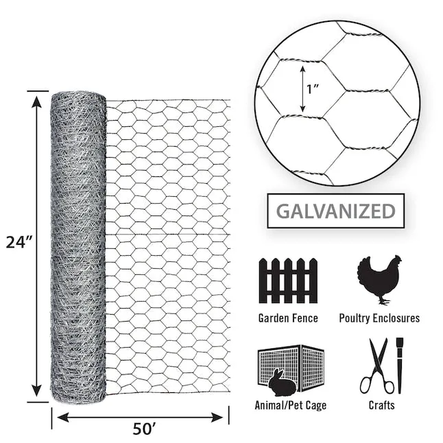 24in x 50ft Galvanized Chicken Wire with 1in Openings