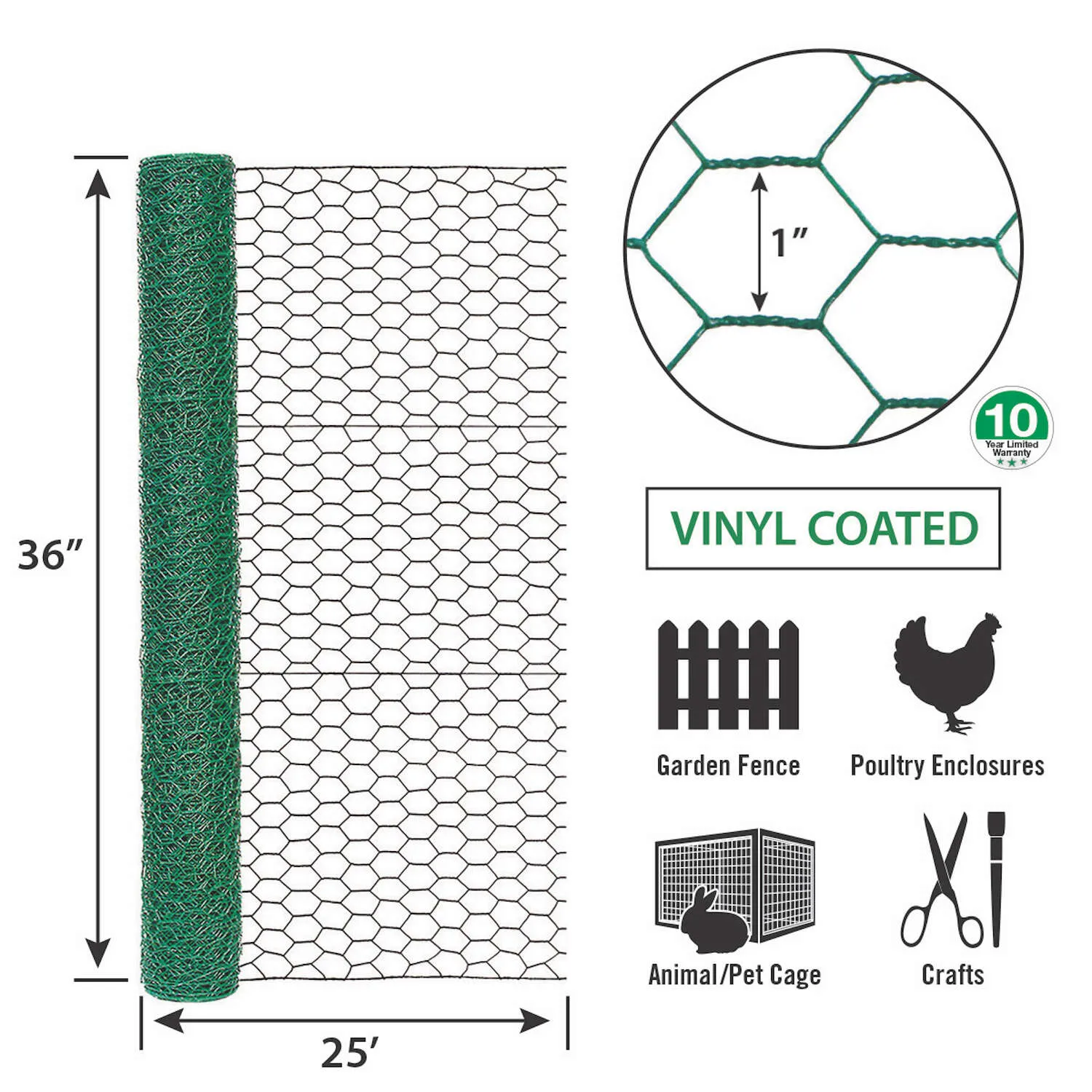 36in x 25ft Green Vinyl Chicken Wire with 1in Openings
