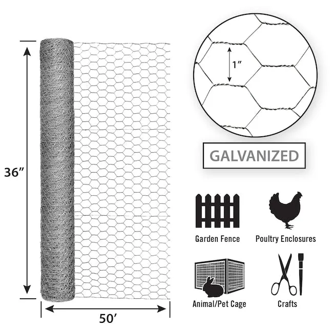 36in x 50ft Galvanized Chicken Wire with 1in Openings