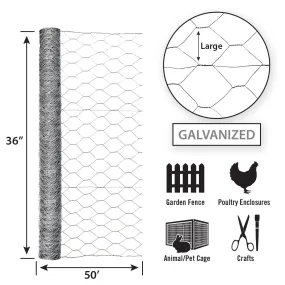 36in x 50ft Galvanized Chicken Wire with 2in Openings