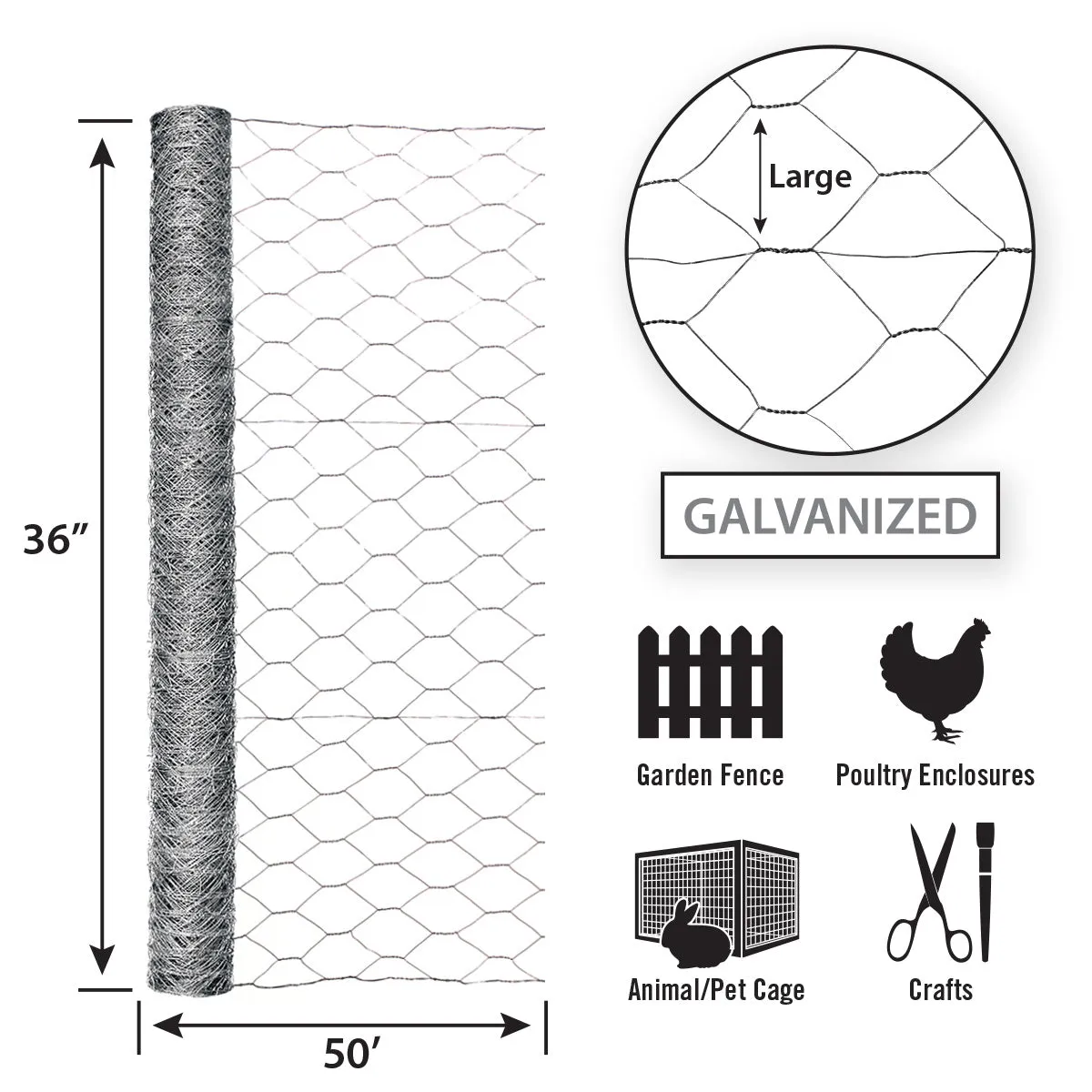 36in x 50ft Galvanized Chicken Wire with 2in Openings