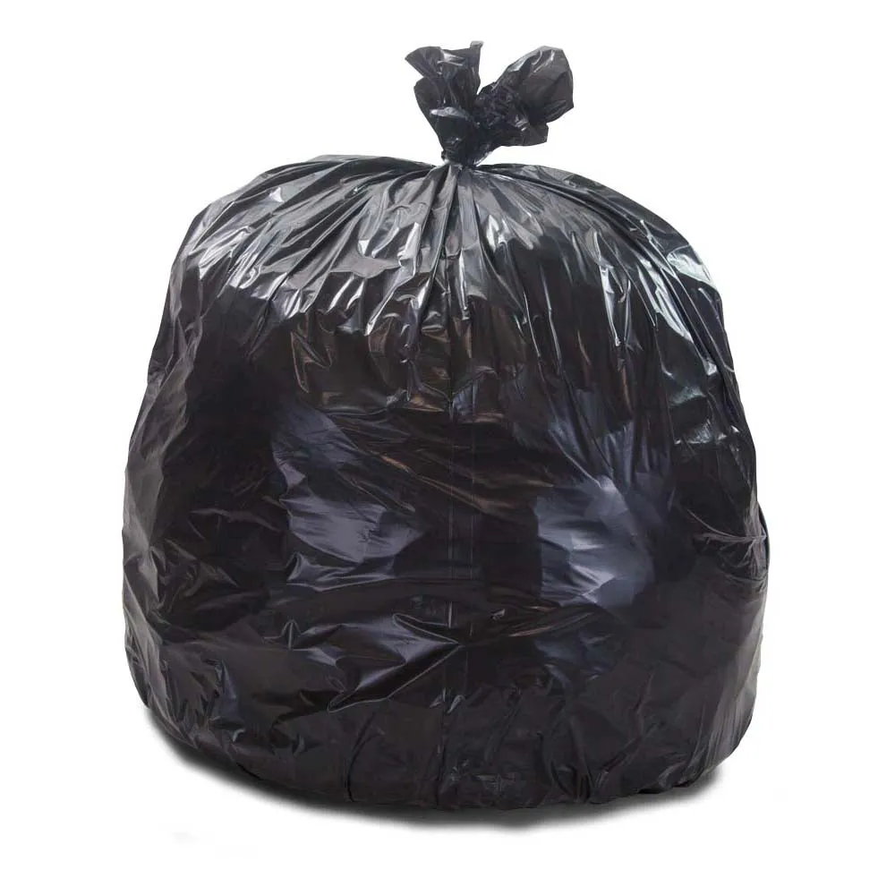 43" x 46" x 1.5 mil 56 Gallon Black 100% Post Consumer Recycled Plastic Heavy Duty Trash Can Liners with Reinforced Star Bottom Seal (100 Bags, 25 Bags/Roll, 5 Rolls/Case)