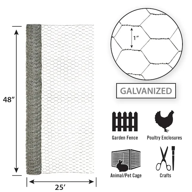 48in x 25ft Galvanized Chicken Wire with 1in Openings