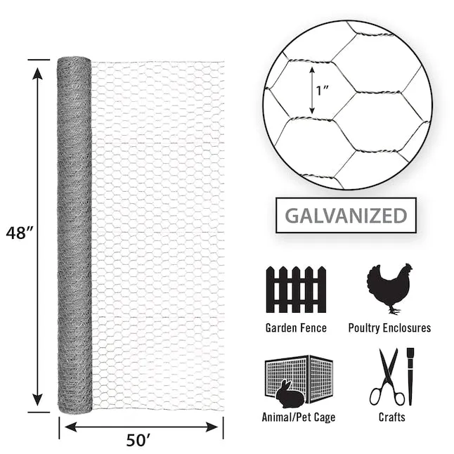 48in x 50ft Galvanized Chicken Wire with 1in Openings