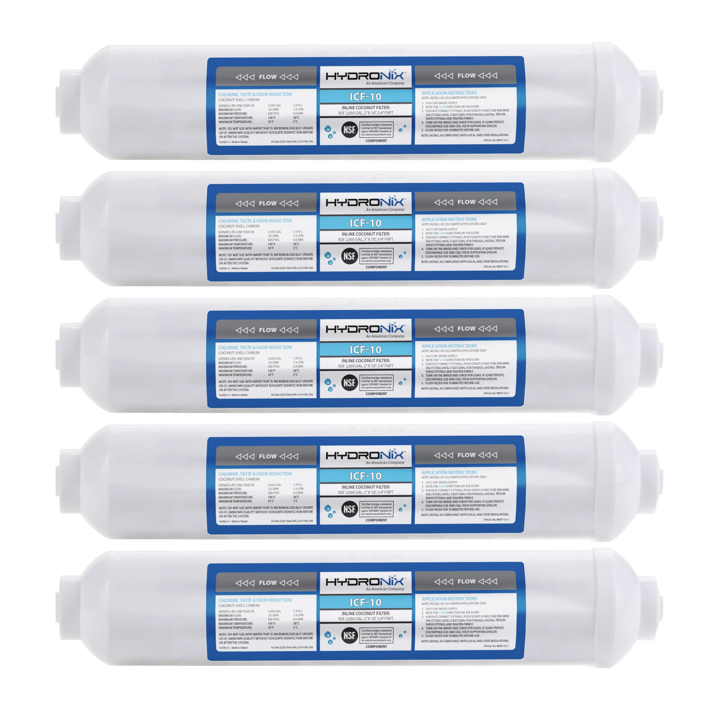 5 PK, Inline Post Reverse Osmosis Fridge Ice GAC Water Filter, 2000 Gal 1/4" NPT