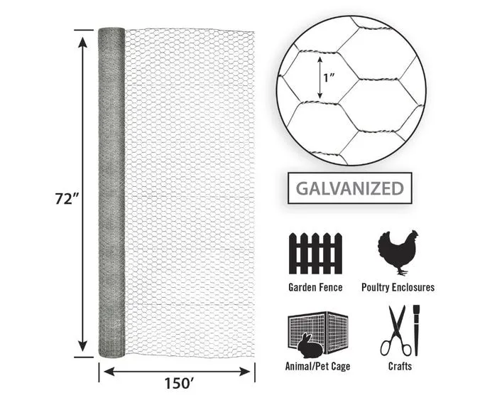 72in x 150ft Galvanized Chicken Wire with 1in Openings