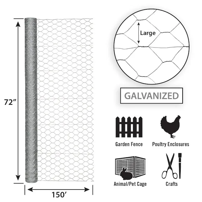 72in x 150ft Galvanized Chicken Wire with 2in Openings