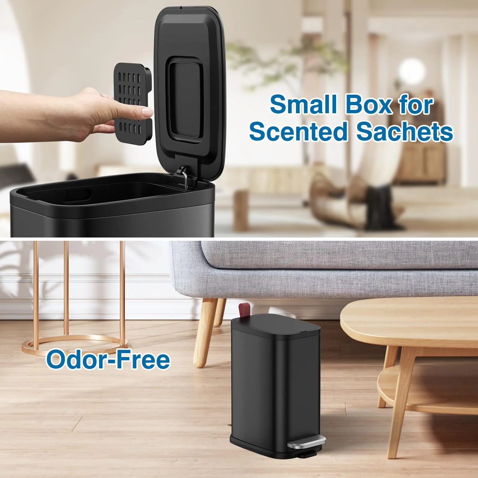 BETHEBEST Black Bathroom Trash Can with Soft Close Lid,Foot Pedal Garbage Can with Removable Inner Bucket, Stainless Steel Trash Can for Bathroom,Bedroom,Office,5 Liter/1.3 Gallon(Matte Black)