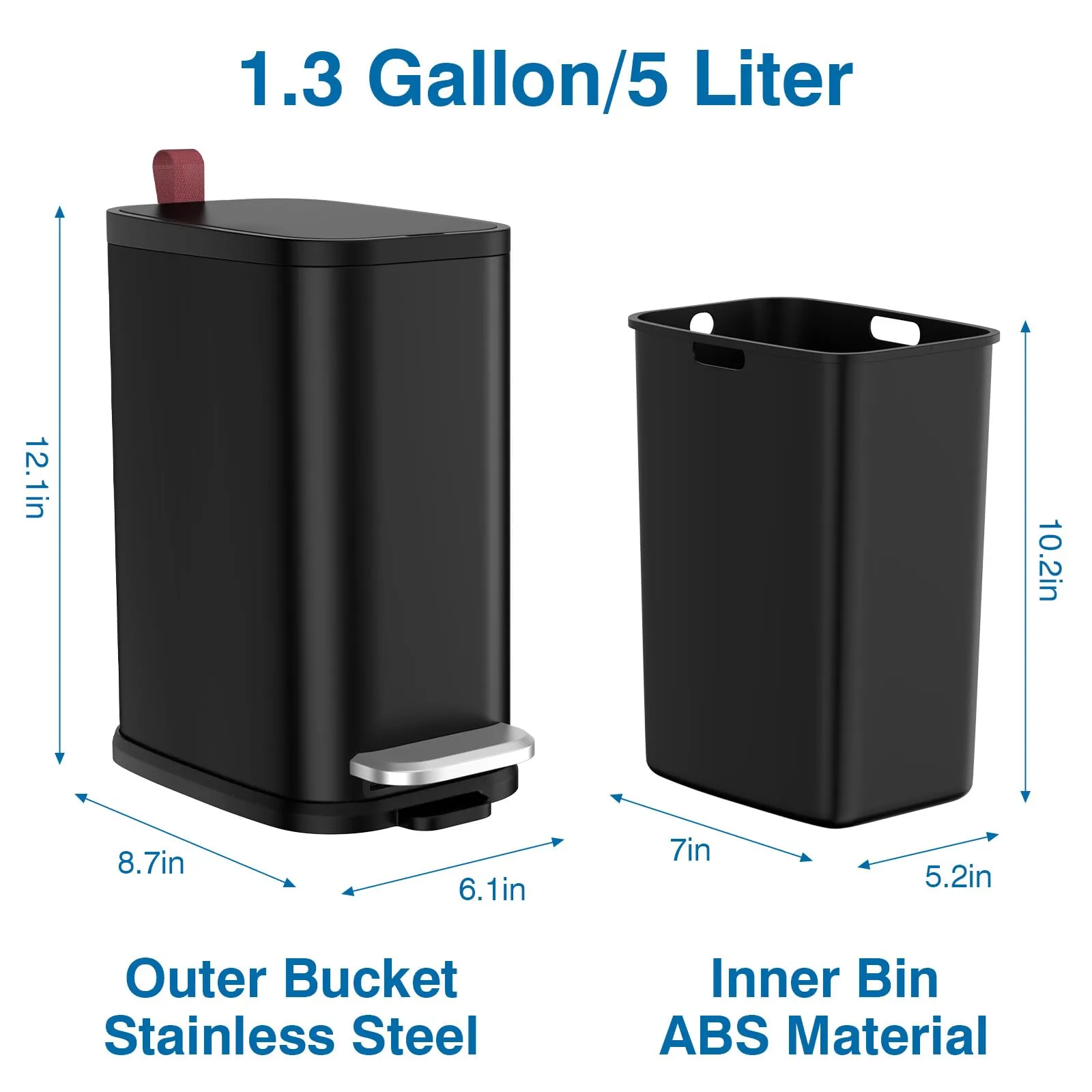 BETHEBEST Black Bathroom Trash Can with Soft Close Lid,Foot Pedal Garbage Can with Removable Inner Bucket, Stainless Steel Trash Can for Bathroom,Bedroom,Office,5 Liter/1.3 Gallon(Matte Black)