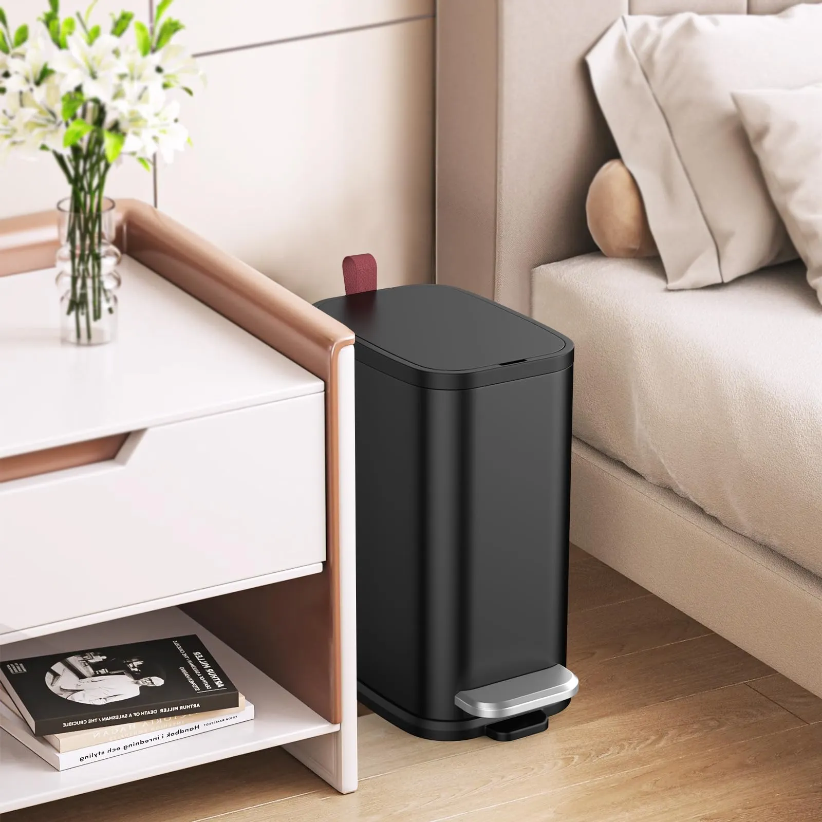 BETHEBEST Black Bathroom Trash Can with Soft Close Lid,Foot Pedal Garbage Can with Removable Inner Bucket, Stainless Steel Trash Can for Bathroom,Bedroom,Office,5 Liter/1.3 Gallon(Matte Black)