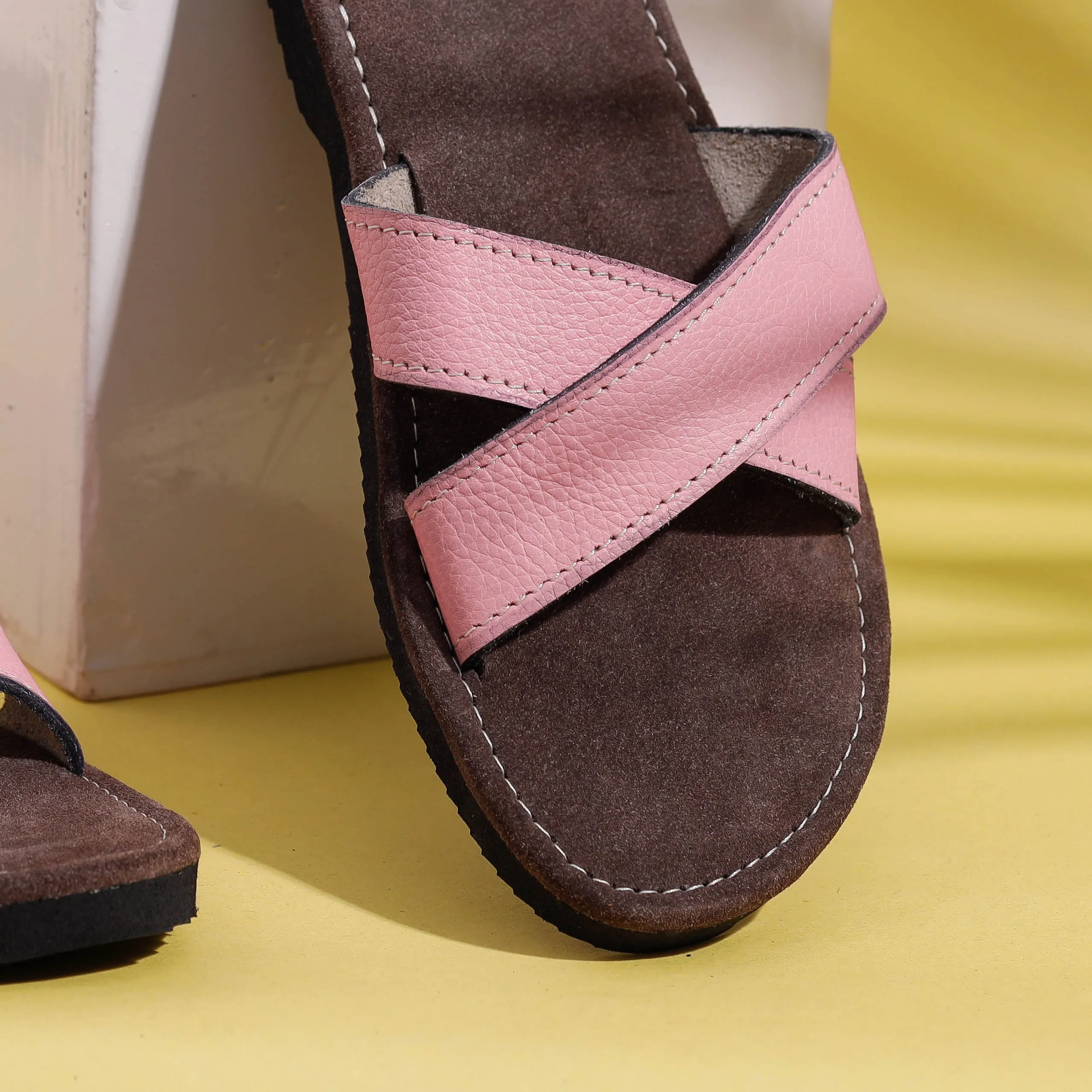 Brown & Baby Pink Handcrafted Women's Leather Slippers with Suede