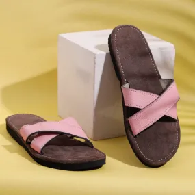 Brown & Baby Pink Handcrafted Women's Leather Slippers with Suede