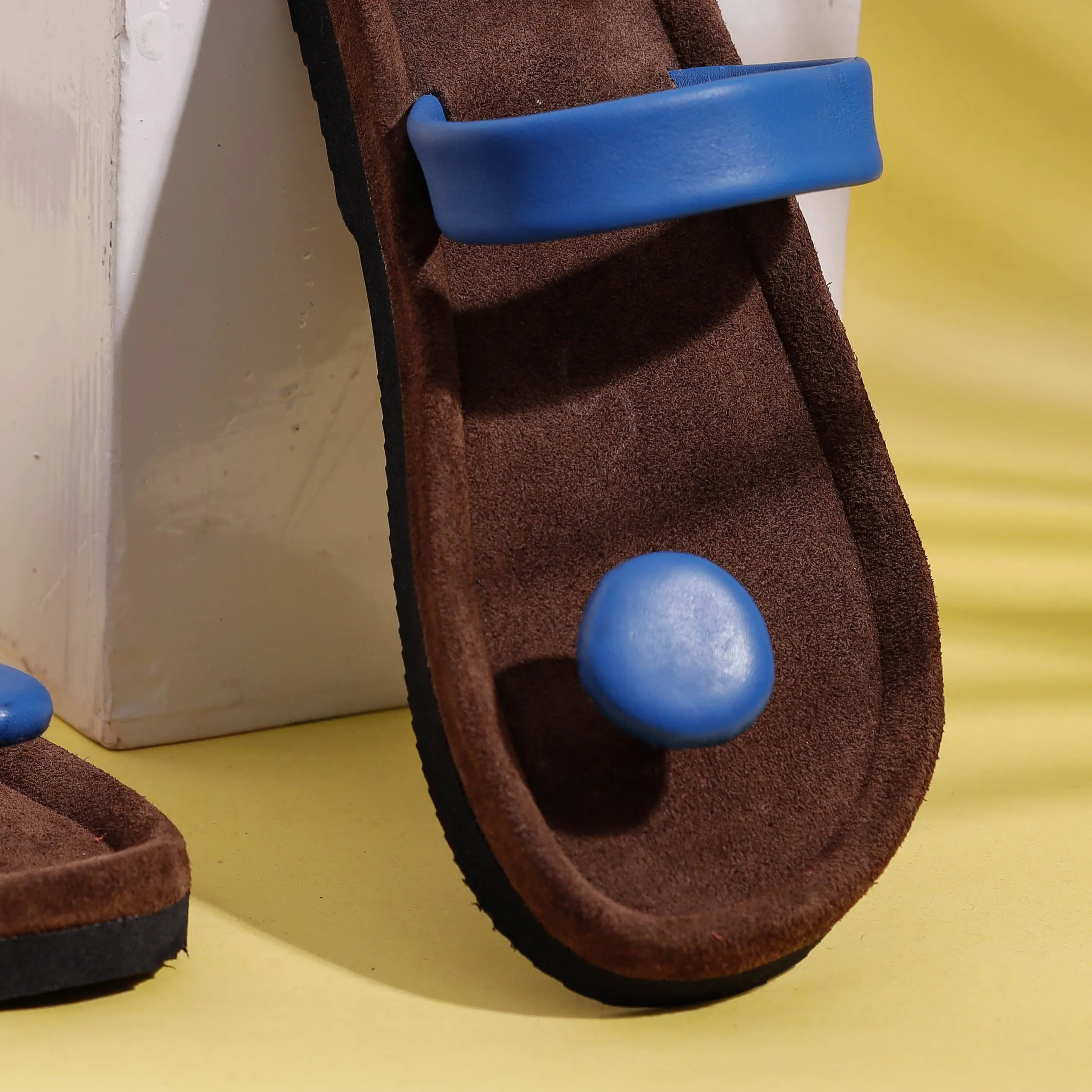 Brown & Blue Handcrafted Women's Leather Slippers with Suede