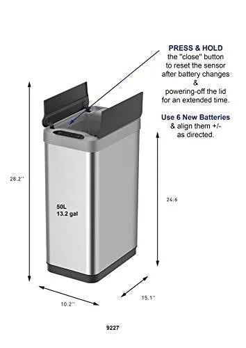 EKO Phantom-T 50 Liter / 13.2 Gallon Vertical Motion Sensor Trash Can, Brushed Stainless Steel Finish