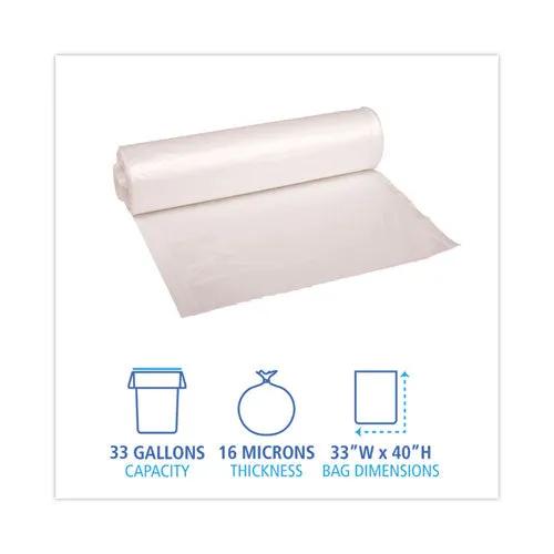 High Density Industrial Can Liners Coreless Rolls, 33 Gal, 16 Mic, 33 X 40, Natural, 25 Bags/roll, 10 Rolls/carton