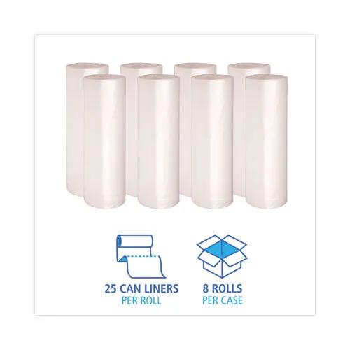 High Density Industrial Can Liners Coreless Rolls, 60 Gal, 13 Mic, 38 X 60, Natural, 25 Bags/roll, 8 Rolls/carton