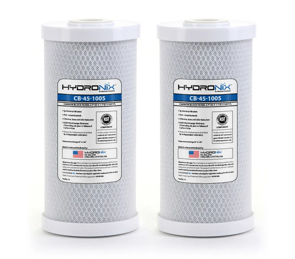 Hydronix 2 Pack CB-45-1005 Whole House, Hydroponics Carbon Block Water Filters CTO 4.5" x 10" - 5 micron