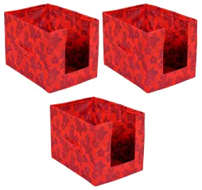 Kuber Industries Saree Organizer for Wardrobe/Closet Storage Box and Clothing Organiser for Women Clothes With Metalic Flower Print- Pack of 3 (Red)