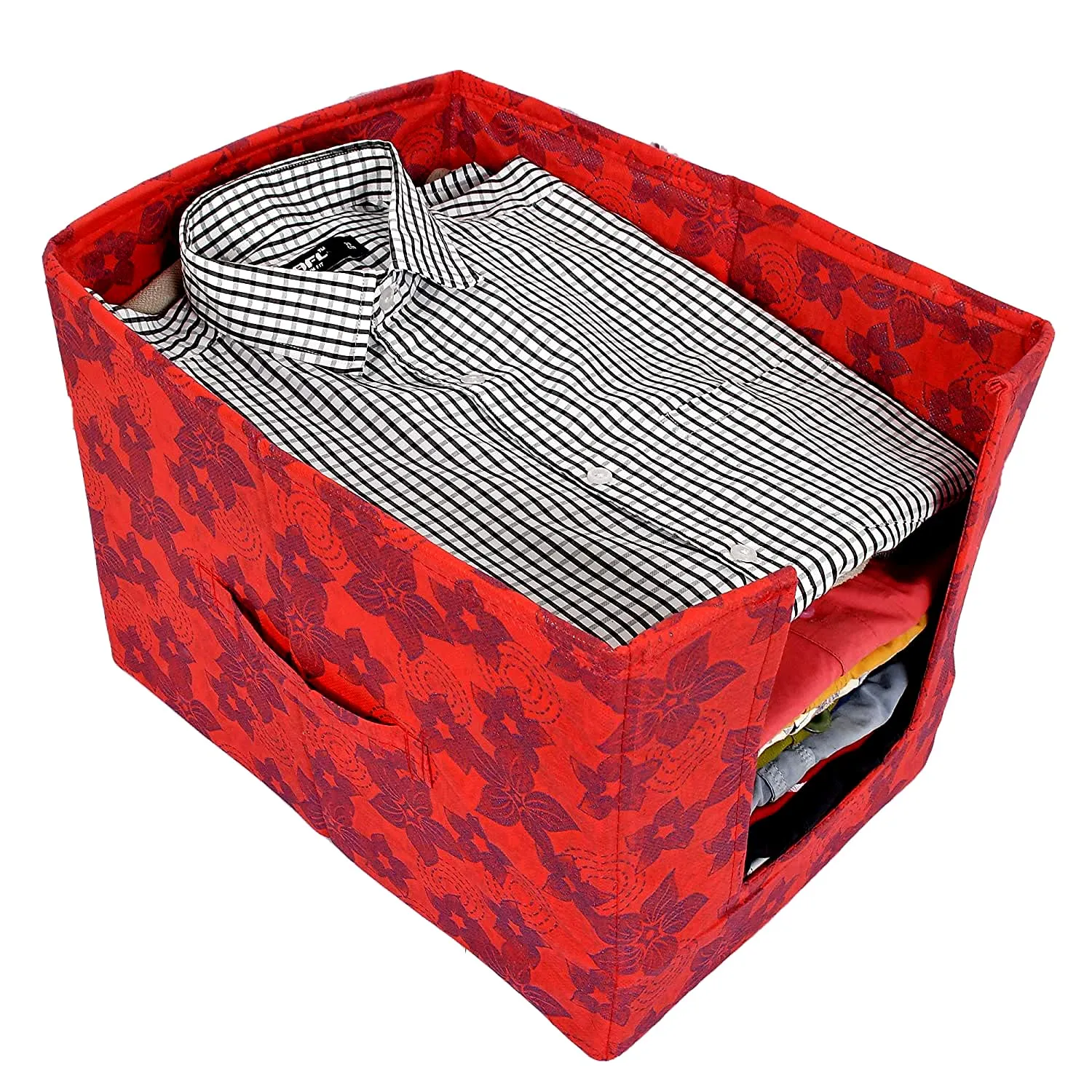 Kuber Industries Saree Organizer for Wardrobe/Closet Storage Box and Clothing Organiser for Women Clothes With Metalic Flower Print- Pack of 3 (Red)