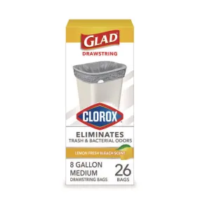 Medium Drawstring Trash Bags With Clorox, 8 Gal, Lemon Fresh Bleach Scent, 0.74 Mil, 23" X 21.63", Gray, 26/box