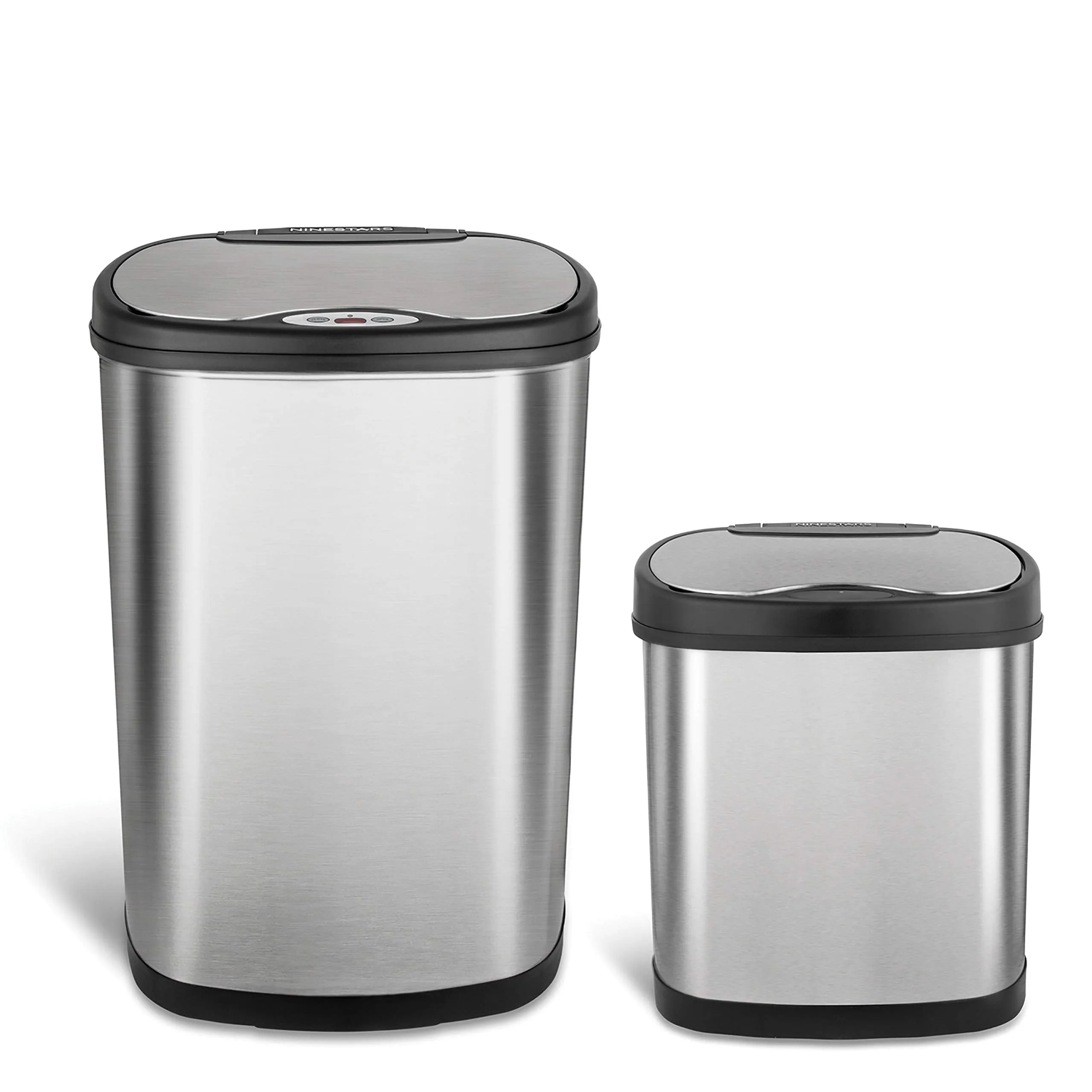 NINESTARS CB-DZT-50-13/12-13 Automatic Touchless Infrared Motion Sensor Trash Can Combo Set, 13 Gal 50L & 3 Gal 12L, Stainless Steel Base (Oval, Silver/Black Lid)