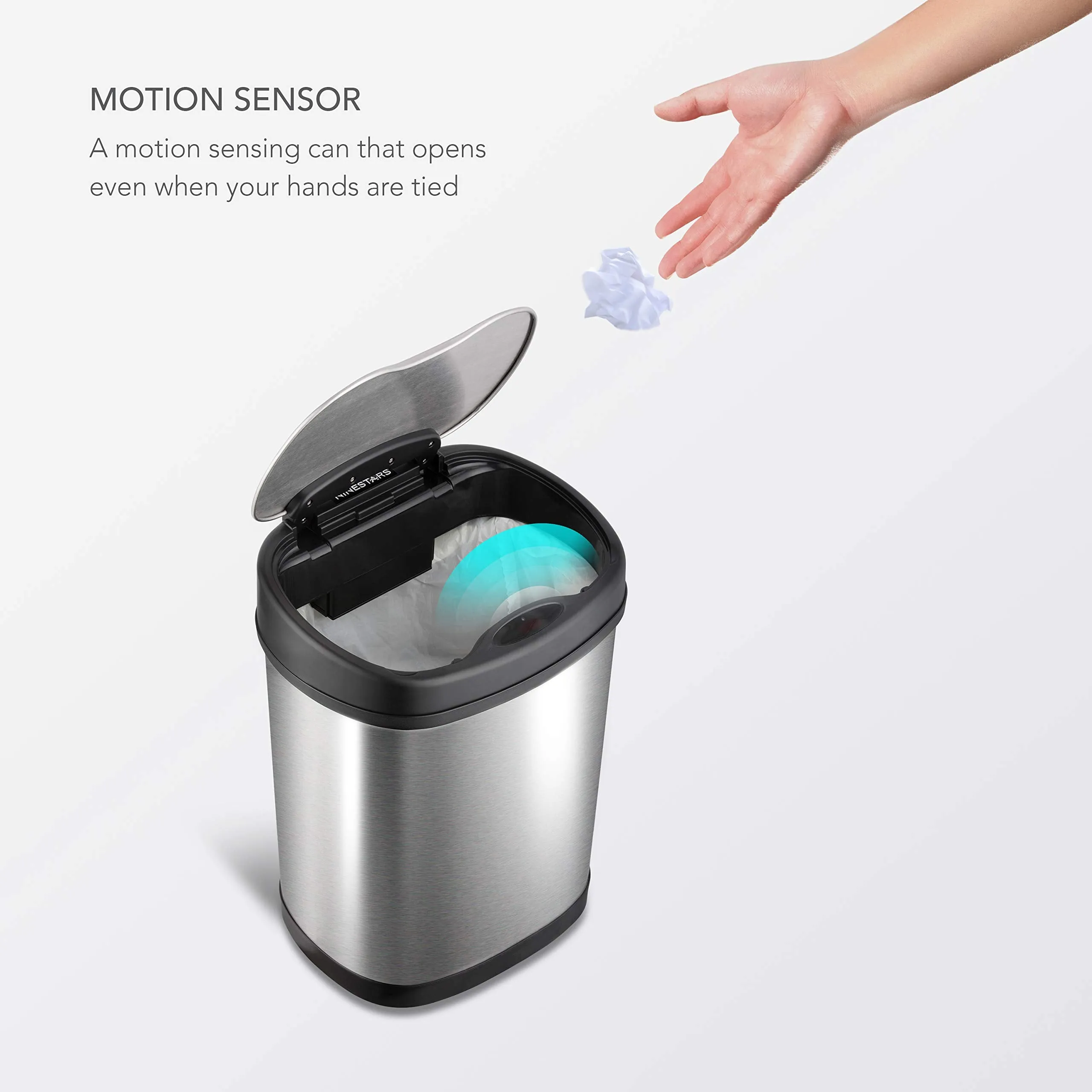 NINESTARS CB-DZT-50-13/12-13 Automatic Touchless Infrared Motion Sensor Trash Can Combo Set, 13 Gal 50L & 3 Gal 12L, Stainless Steel Base (Oval, Silver/Black Lid)