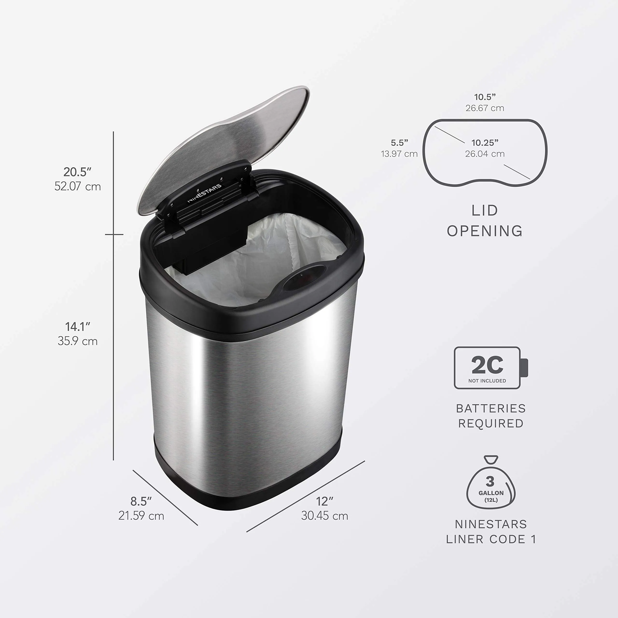 NINESTARS CB-DZT-50-13/12-13 Automatic Touchless Infrared Motion Sensor Trash Can Combo Set, 13 Gal 50L & 3 Gal 12L, Stainless Steel Base (Oval, Silver/Black Lid)