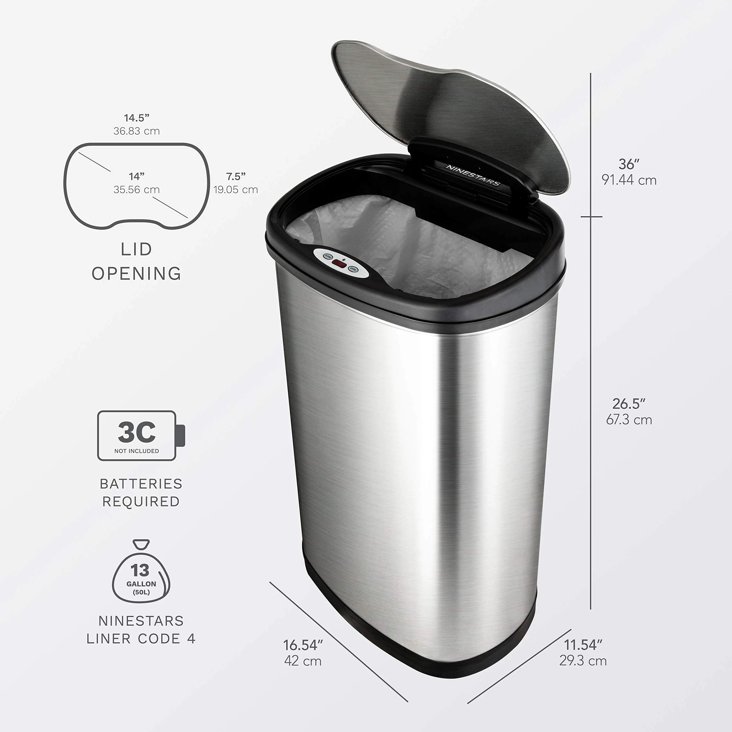 NINESTARS CB-DZT-50-13/12-13 Automatic Touchless Infrared Motion Sensor Trash Can Combo Set, 13 Gal 50L & 3 Gal 12L, Stainless Steel Base (Oval, Silver/Black Lid)