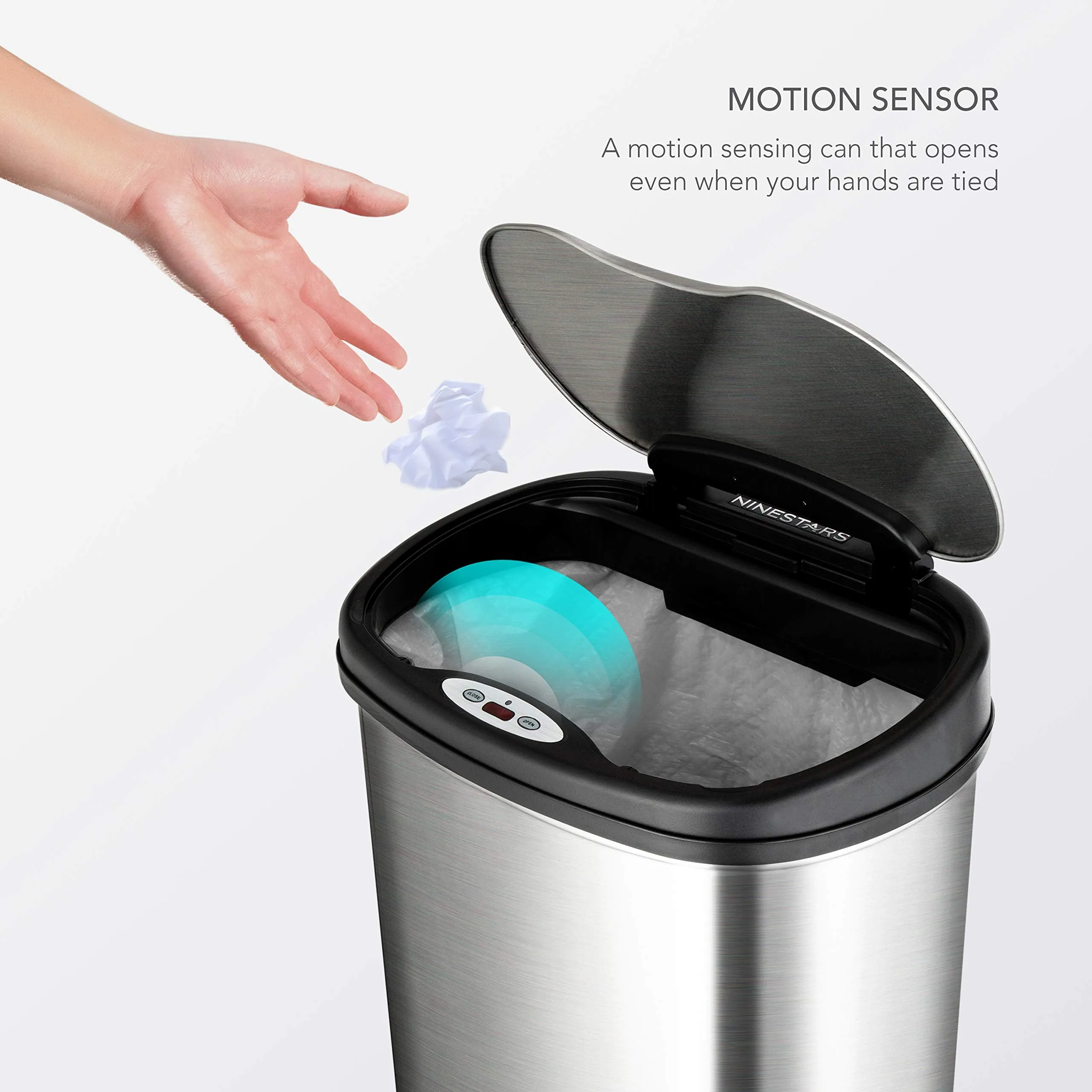 NINESTARS CB-DZT-50-13/12-13 Automatic Touchless Infrared Motion Sensor Trash Can Combo Set, 13 Gal 50L & 3 Gal 12L, Stainless Steel Base (Oval, Silver/Black Lid)