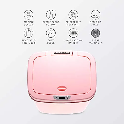 Ninestars DZT-12-5PK Bedroom or Bathroom Automatic Touchless Infrared Motion Sensor Trash Can, 3 Gal 12 L, ABS Plastic (Rectangular, Pink) Trashcan