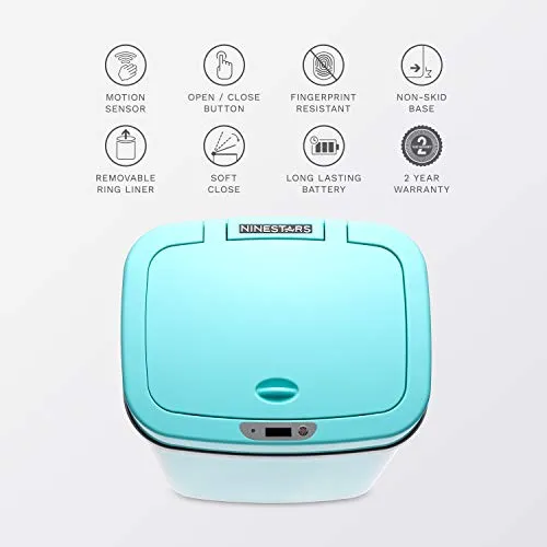 Ninestars, Teal Blue DZT-12-5TB Bedroom or Bathroom Automatic Touchless Infrared Motion Sensor Trash Can, 3 Gal 12 L, ABS Plastic (Rectangular, Trashcan