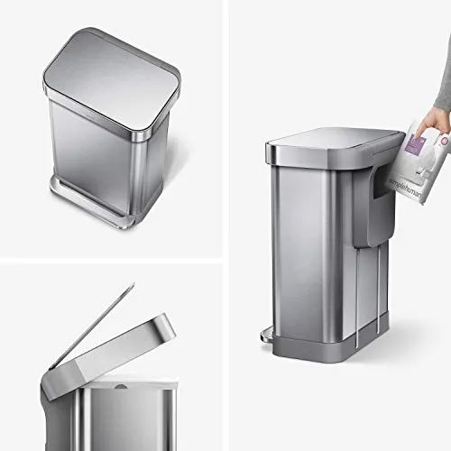 simplehuman 45 Liter Rectangular Hands-Free Kitchen Step Trash Can with Soft-Close Lid, Brushed Stainless Steel