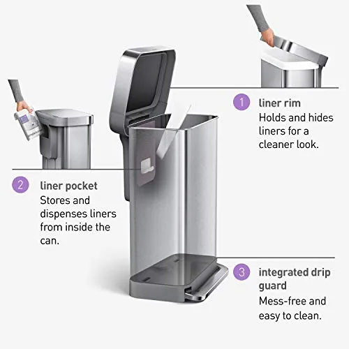 simplehuman 45 Liter Rectangular Hands-Free Kitchen Step Trash Can with Soft-Close Lid, Brushed Stainless Steel