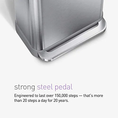 simplehuman 45 Liter Rectangular Hands-Free Kitchen Step Trash Can with Soft-Close Lid, Brushed Stainless Steel