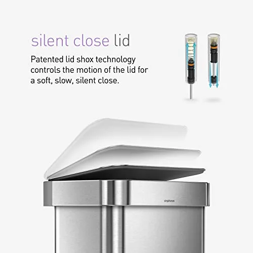 simplehuman 45 Liter Rectangular Hands-Free Kitchen Step Trash Can with Soft-Close Lid, Brushed Stainless Steel