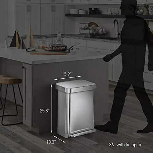 simplehuman 45 Liter Rectangular Hands-Free Kitchen Step Trash Can with Soft-Close Lid, Brushed Stainless Steel