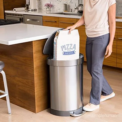 simplehuman 60 Liter Semi-Round Hands-Free Kitchen Step Trash Can with Soft-Close Lid, Brushed