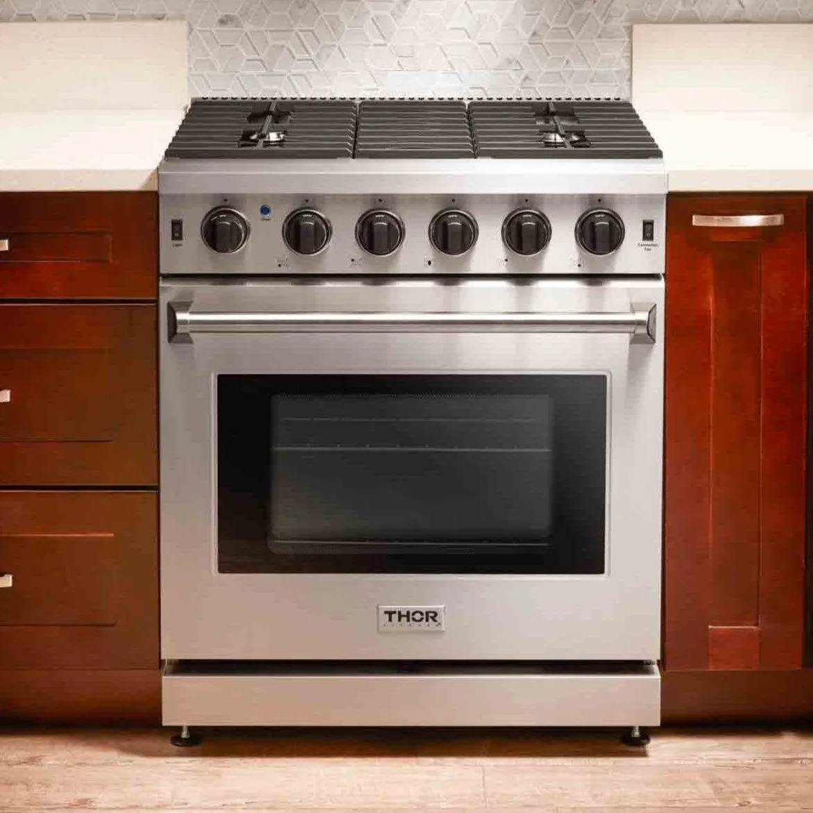 Thor Kitchen 5-Piece Appliance Package - 30-Inch Gas Range, French Door Refrigerator, Pro-Style Wall Mount Hood, Dishwasher, and Wine Cooler in Stainless Steel