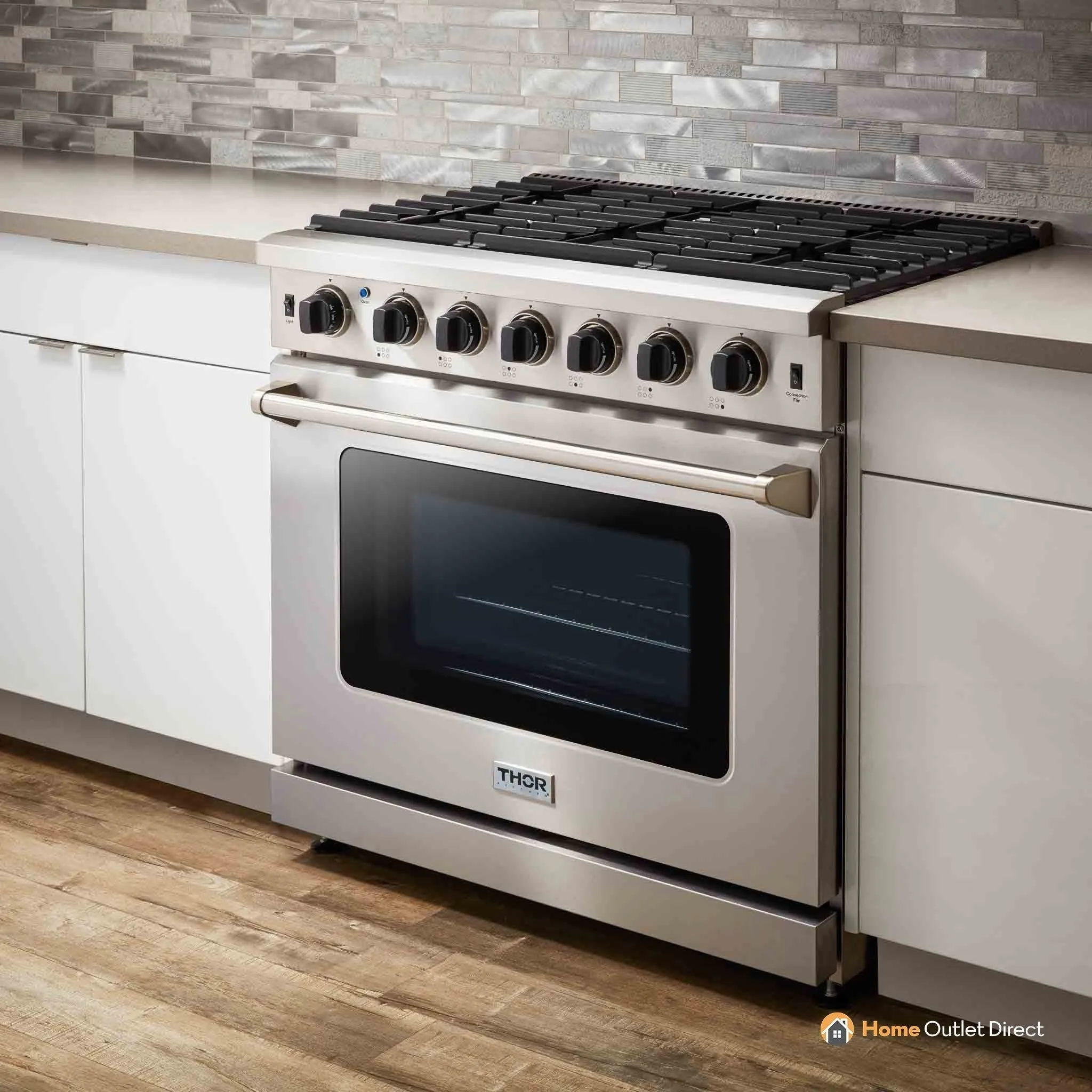Thor Kitchen 5-Piece Appliance Package - 36-Inch Gas Range, French Door Refrigerator, Under Cabinet Hood, Dishwasher, and Wine Cooler in Stainless Steel