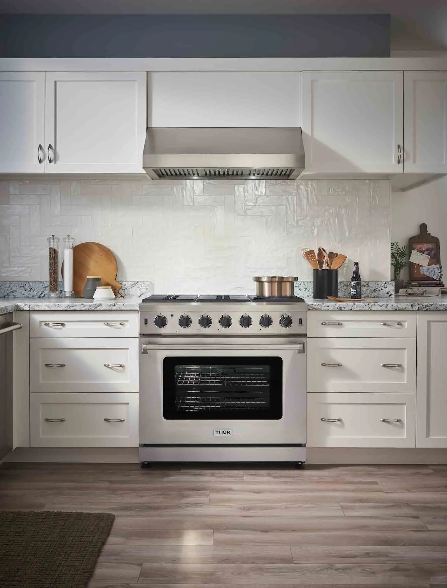Thor Kitchen 5-Piece Appliance Package - 36-Inch Gas Range, French Door Refrigerator, Under Cabinet Hood, Dishwasher, and Wine Cooler in Stainless Steel
