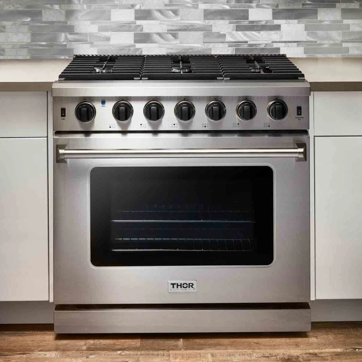 Thor Kitchen 5-Piece Appliance Package - 36-Inch Gas Range, French Door Refrigerator, Under Cabinet Hood, Dishwasher, and Wine Cooler in Stainless Steel