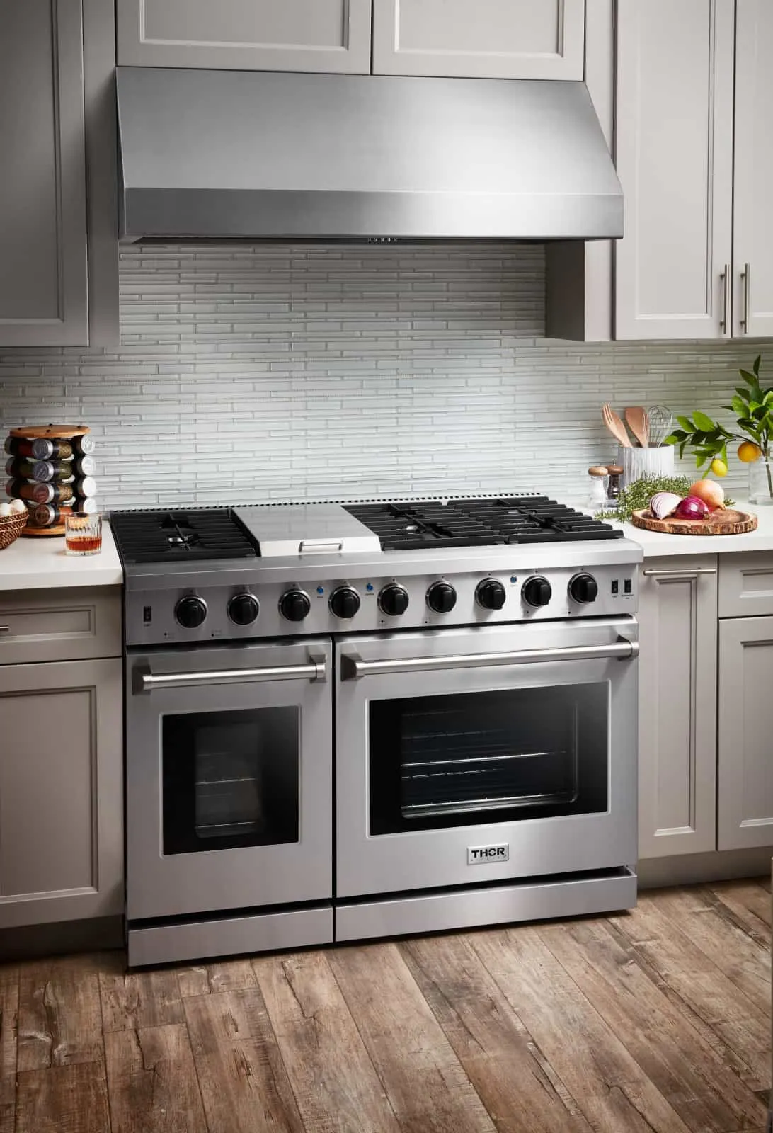Thor Kitchen 5-Piece Appliance Package - 48-Inch Gas Range, French Door Refrigerator, Dishwasher, Under Cabinet 11-Inch Hood & Wine Cooler in Stainless Steel