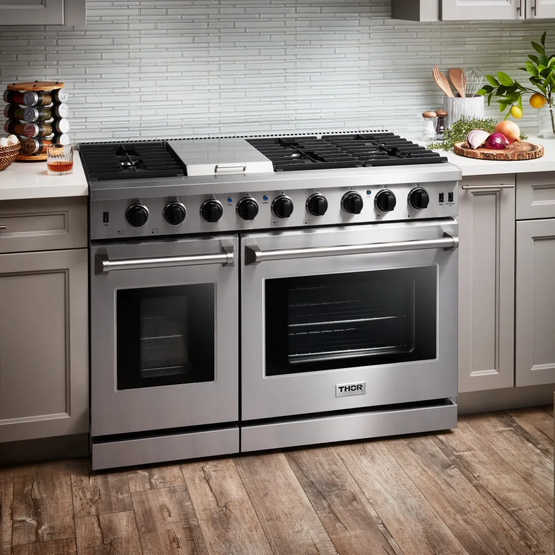 Thor Kitchen 5-Piece Appliance Package - 48-Inch Gas Range, French Door Refrigerator, Dishwasher, Under Cabinet 16.5-Inch Tall Hood & Wine Cooler in Stainless Steel