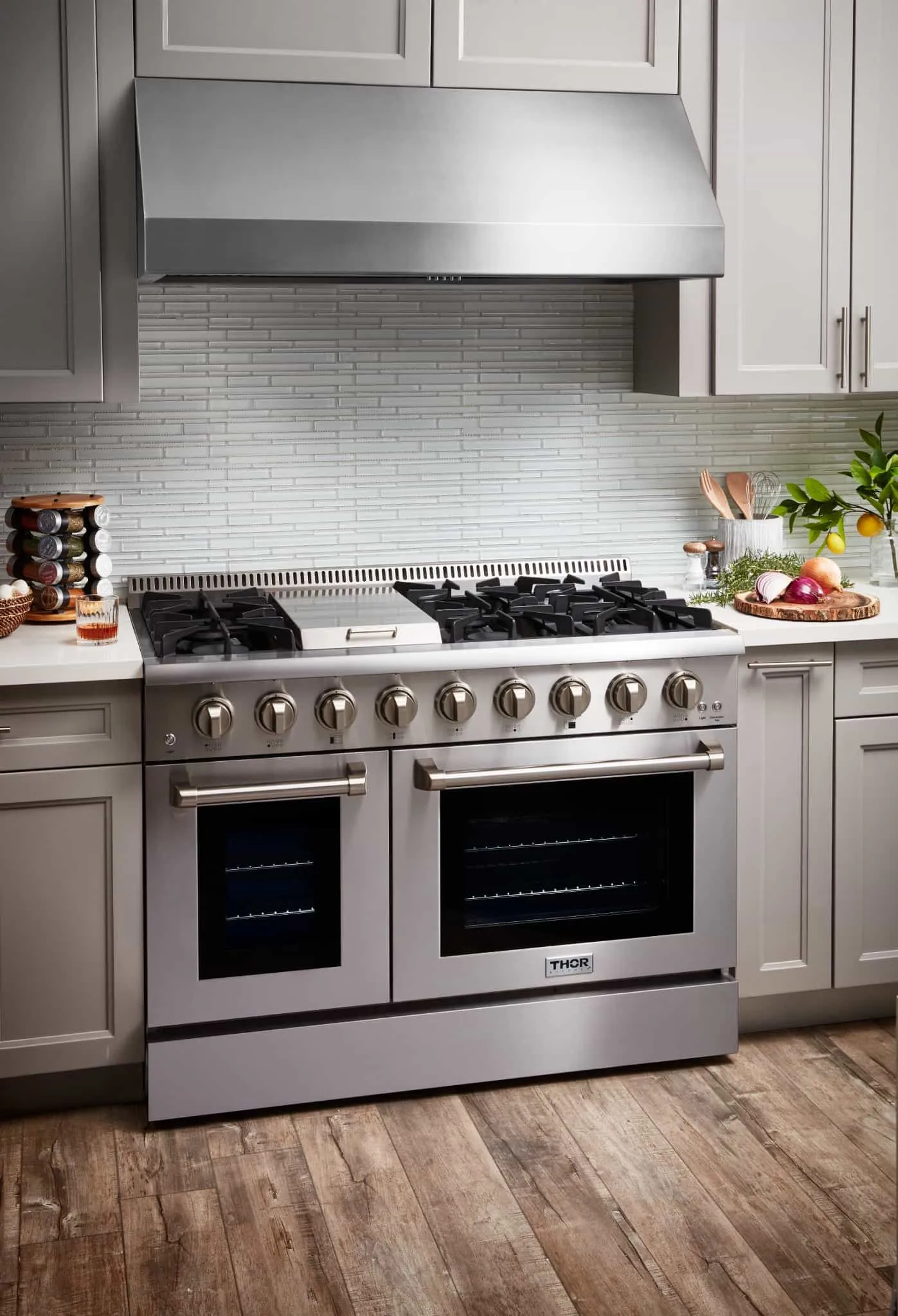 Thor Kitchen 5-Piece Appliance Package - 48-Inch Gas Range, French Door Refrigerator, Dishwasher, Under Cabinet 16.5-Inch Tall Hood & Wine Cooler in Stainless Steel