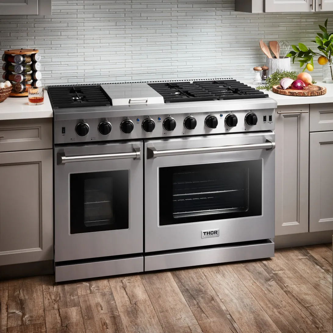 Thor Kitchen 5-Piece Appliance Package - 48-Inch Gas Range, French Door Refrigerator, Pro Wall Mount Hood, Dishwasher, and Wine Cooler in Stainless Steel
