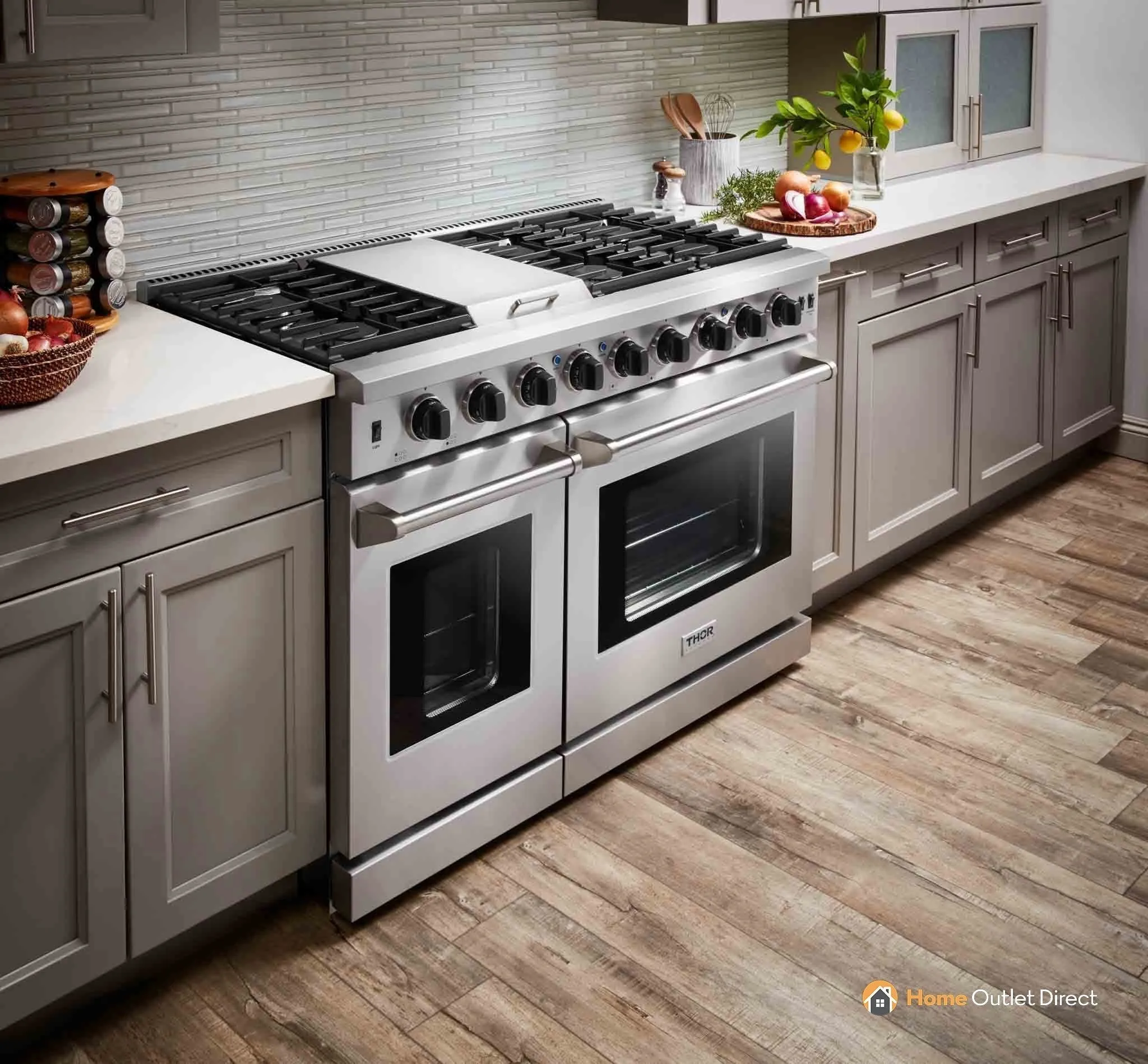 Thor Kitchen 5-Piece Appliance Package - 48-Inch Gas Range, French Door Refrigerator, Pro Wall Mount Hood, Dishwasher, and Wine Cooler in Stainless Steel
