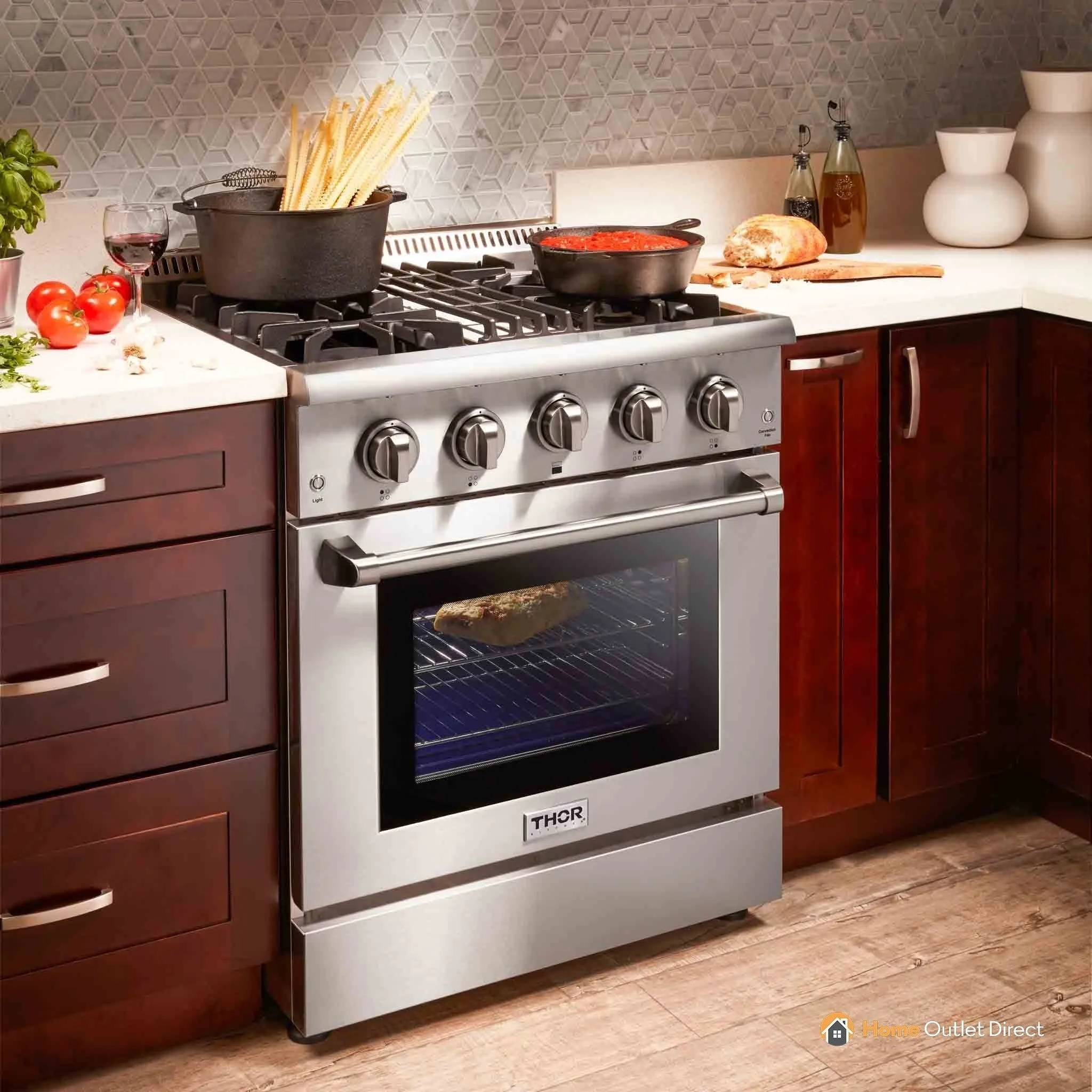 Thor Kitchen 5-Piece Pro Appliance Package - 30-Inch Dual Fuel Range, French Door Refrigerator, Pro-Style Wall Mount Hood, Dishwasher, and Wine Cooler in Stainless Steel